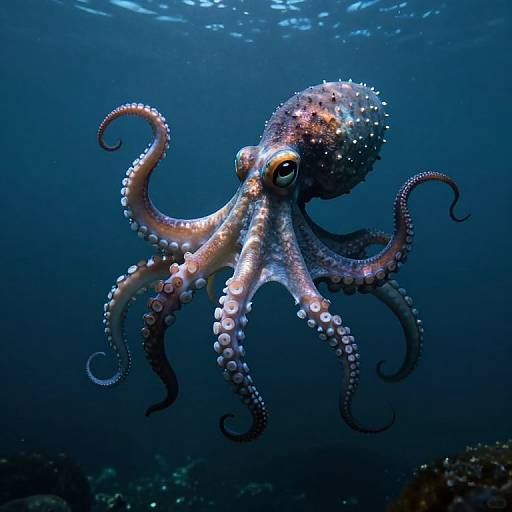 Photograph of a vibrant, bioluminescent octopus with pinkish-white and purple-speckled skin, floating underwater in a deep blue ocean