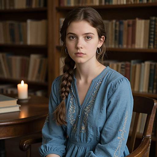 Photograph of a young woman with fair skin, brown braided hair, wearing a blue embroidered blouse, sitting in a dimly lit library with book