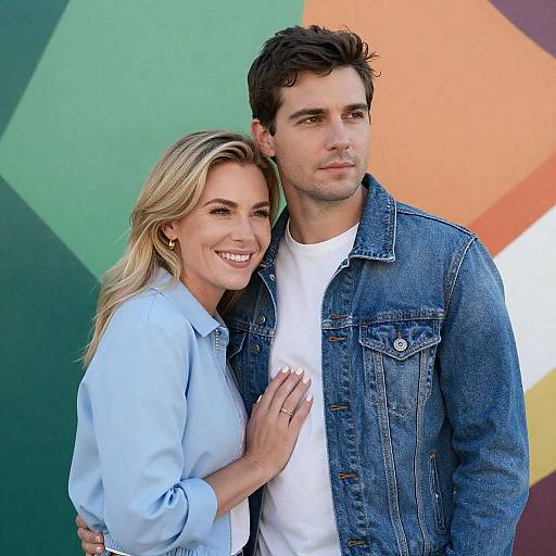 Photograph of a smiling blonde woman with wavy hair in a light blue shirt, holding a serious dark-haired man in a denim jacket against a colorful