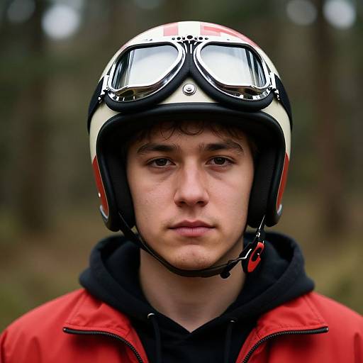 Photograph of a young man with fair skin, wearing a red jacket, black hoodie, and white and black motorcycle helmet with goggles, set against a