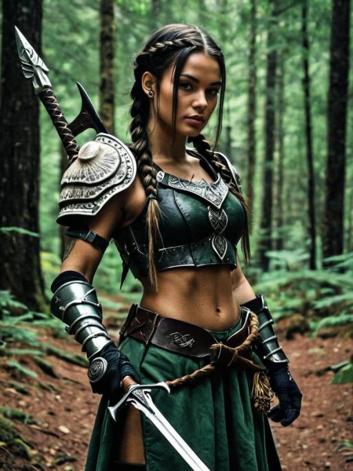 Warrior Woman in Armor Holding Sword in Forest