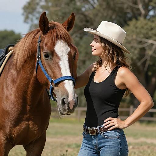 Woman and Horse Under Blue Sky