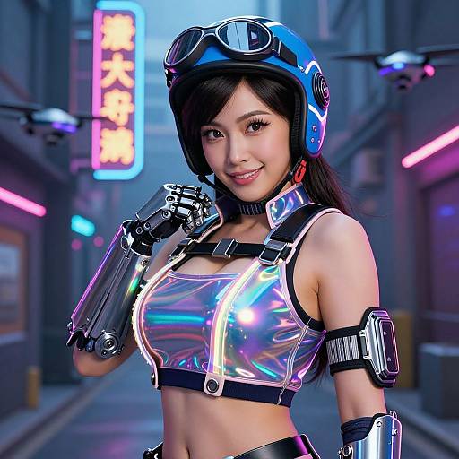 Cyberpunk-style digital artwork of an Asian woman with black hair, wearing a shiny metallic crop top, blue helmet, and robotic arm, smiling in