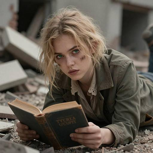 Intense Woman Amidst Rubbles and Debris