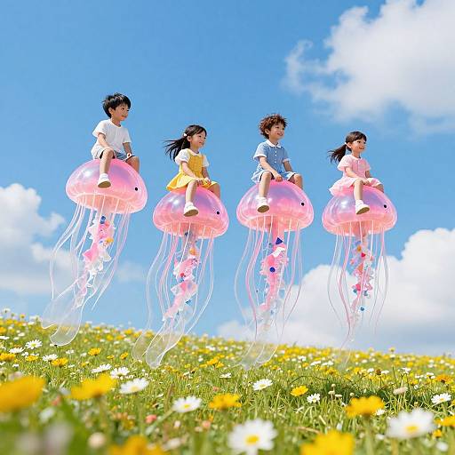 Children Riding Whimsical Pink Jellyfish