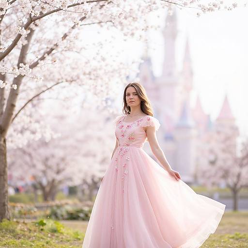 Photograph of a young woman with fair skin and dark brown hair, wearing a pink, floral-embellished, full-length gown, standing in