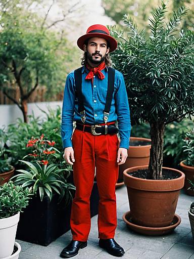 Man in Red Hat and Pants Standing Outdoors