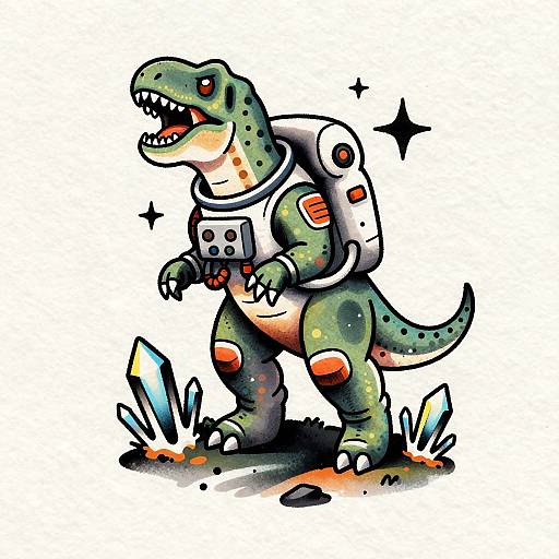 Cartoon-style illustration of a green, dinosaur-like creature with a white astronaut suit, standing on a patch of grass with crystals and sparkles around.