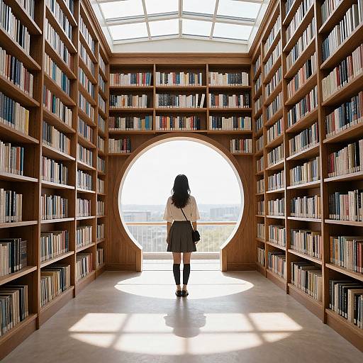 Photograph of a woman with long black hair, white blouse, black skirt, and knee-high socks, standing in a sunlit library aisle, facing