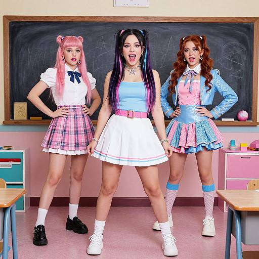 Photograph-style CGI of three young women in a classroom, wearing pastel plaid skirts, white tops, and colorful hair, standing confidently in front