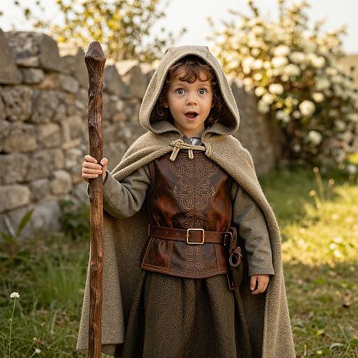 Photograph of a young child in medieval attire, holding a wooden staff, with a surprised expression, standing in a grassy, sunlit yard with