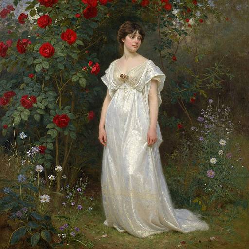 Photorealistic painting of a fair-skinned woman with brown hair in a white, off-shoulder, flowing gown, standing among red roses and