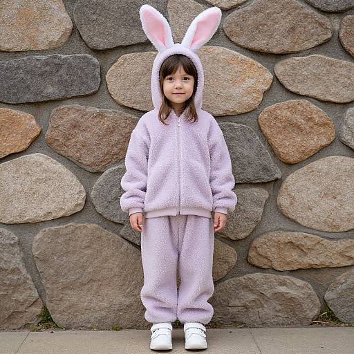 Little Girl in Bunny Costume Standing by Stone Wall