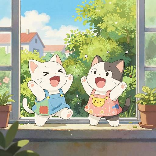 Digital anime-style drawing of two joyful cats, one white and one black-and-white, wearing colorful outfits, dancing on a sunny windowsill with potted