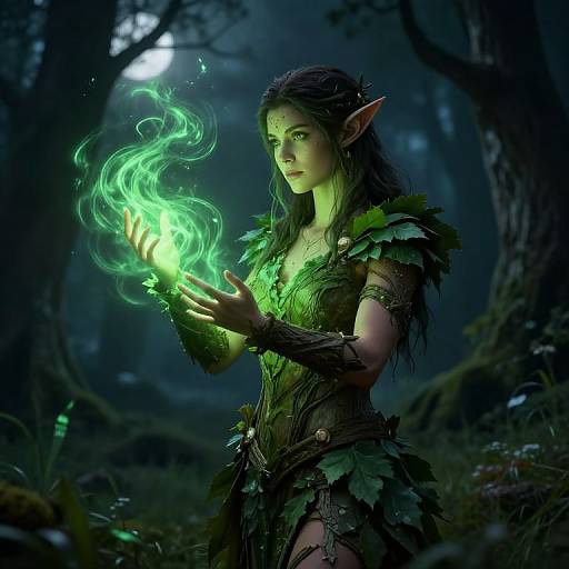 Digital fantasy artwork of a green-skinned, dark-haired elf woman with pointed ears, wearing leafy armor, holding glowing green magic in a dark forest