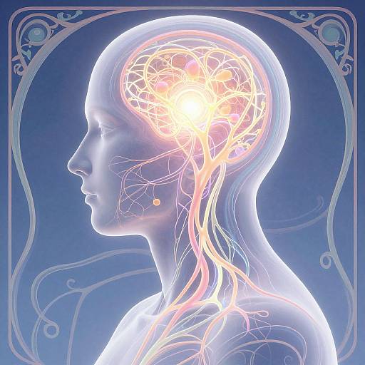 Digital illustration of a glowing, translucent human head in profile, highlighting intricate brain and nerve patterns against a blue, ornate background.