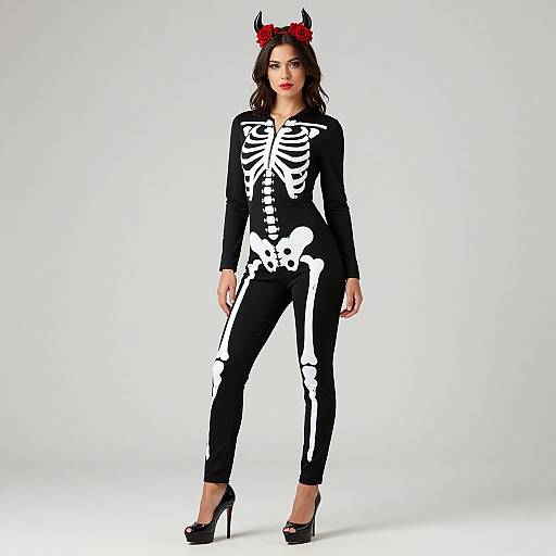 Photograph of a woman in a black bodysuit with white skeleton print, red devil horns, and black high heels, standing against a white background