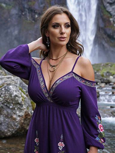Photograph of a beautiful woman with wavy brown hair, wearing a purple off-shoulder dress with floral embroidery, standing in front of a waterfall