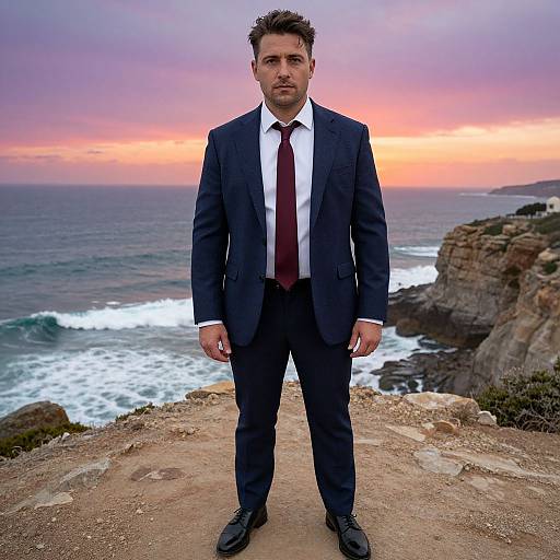 Photograph of a serious-looking man in a dark navy suit, white shirt, and red tie, standing on a rocky cliff at sunset, with ocean