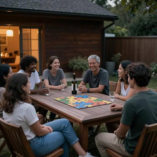 Casual Gathering Around a Wooden Table