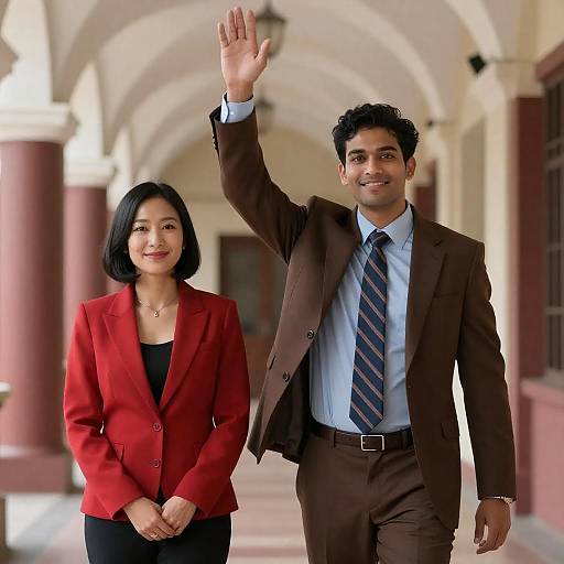 Professional Couple in Vibrant Hallway