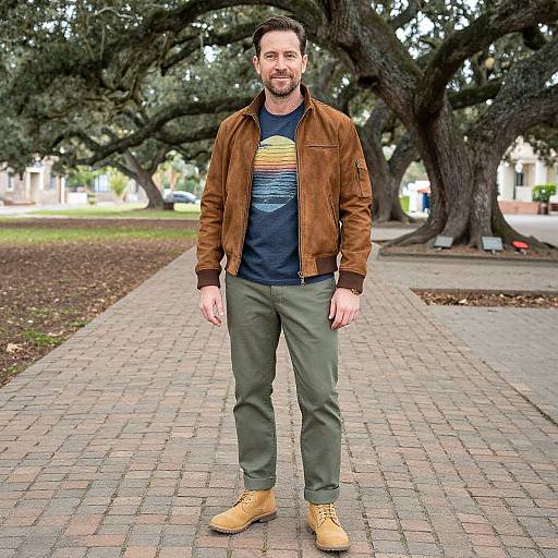 Photograph of a bearded man with short dark hair, wearing a brown leather jacket, navy striped shirt, green pants, and tan boots, standing