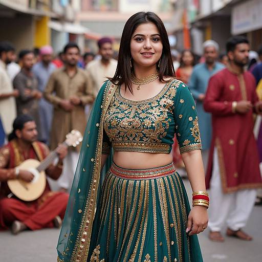 Photograph of a smiling Indian woman in an ornate green and gold traditional lehenga-choli, standing in a bustling street with musicians and onlook