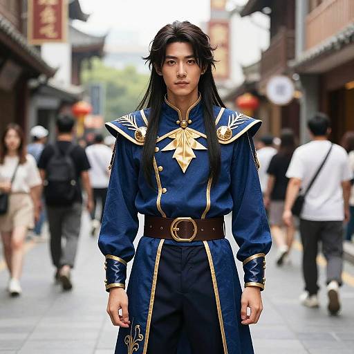 Photograph of an Asian male with long black hair, wearing a blue and gold military-style outfit, standing in a bustling, blurred urban street with pedestrians