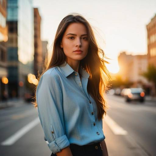 Young Woman Standing on City Street at Sunset