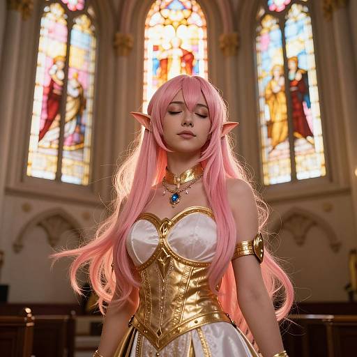 Photograph of a pink-haired, elven cosplay woman with pointed ears, wearing a gold and white medieval-style dress, standing in a sunlit church