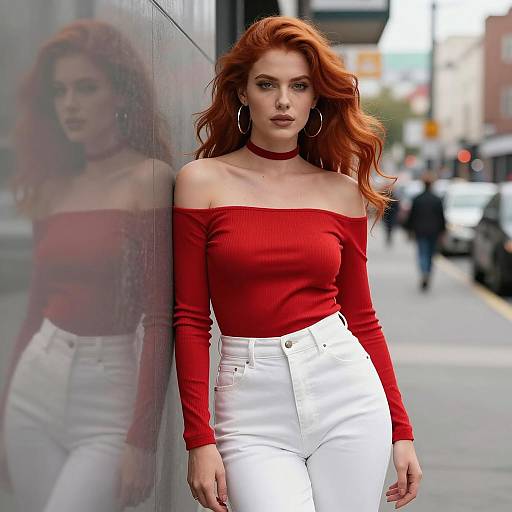 Confident woman with red hair on city street