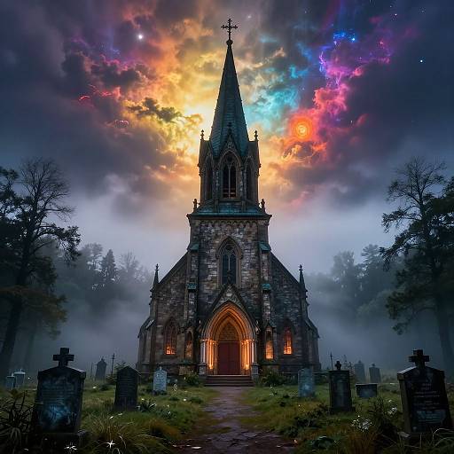 Photograph of a gothic-style church with a tall steeple, glowing orange windows, surrounded by misty graveyard, vibrant, colorful sky,