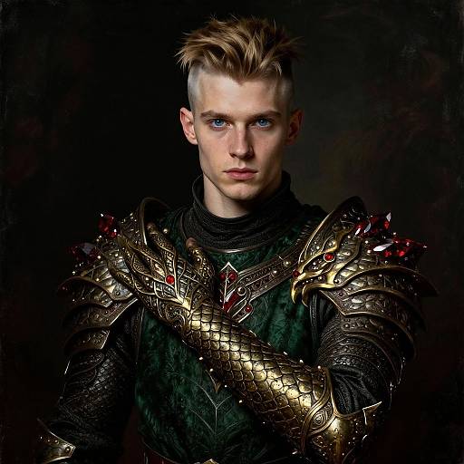 Photograph of a serious, blonde-haired man with blue eyes, wearing elaborate, gold and red-embellished medieval armor against a dark background.