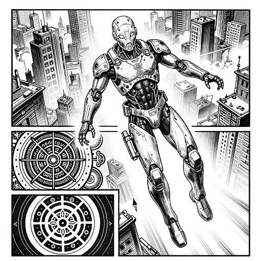 Black-and-white digital comic illustration of a dynamic, humanoid robot leaping through a futuristic cityscape, with detailed mechanical and building textures.
