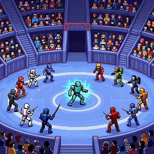 Pixel art of a colorful arena fight featuring 12 cartoonish, armored fighters in various colors, surrounded by cheering, diverse audience.