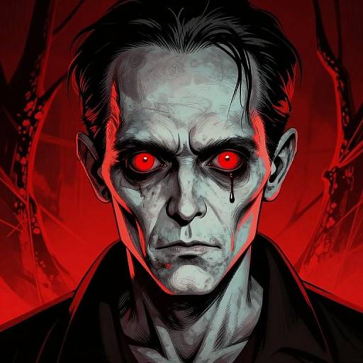Digital illustration of a pale, gaunt man with red glowing eyes, dripping black blood, and dark hair against a red, spider-web background. Int