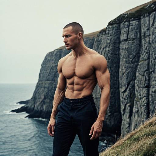 Shirtless Lean Muscular Man on Cliff Edge