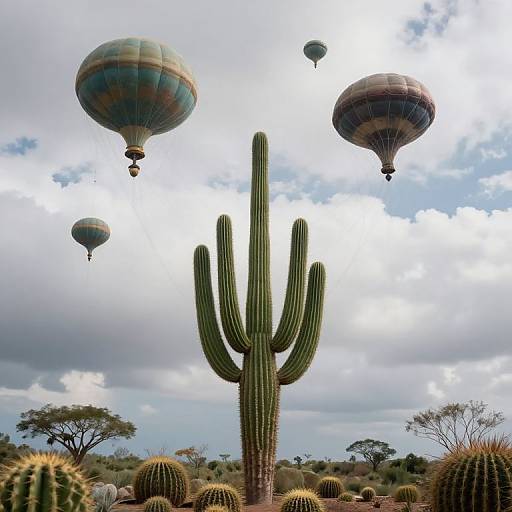 Photograph of a desert landscape with tall green cactus in foreground, four colorful hot air balloons floating in cloudy sky, surrounded by spherical cacti