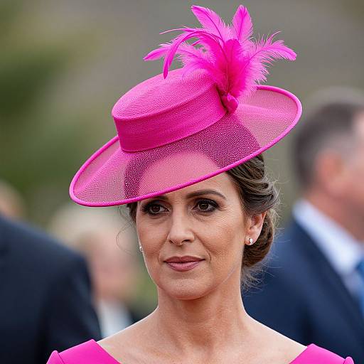 Photograph of a mature woman with olive skin, brown eyes, and dark hair in an updo, wearing a vibrant pink hat with pink feathers,