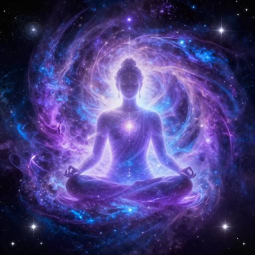 Silhouetted meditating figure in a cosmic swirl of purple, blue, and white energy against a starry space background. Digital artwork.
