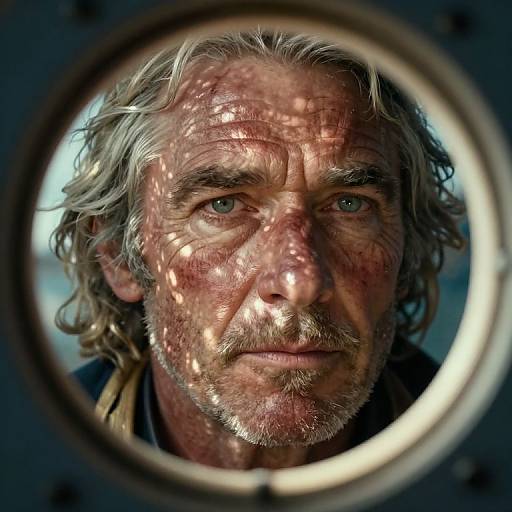 Photograph of a rugged, middle-aged man with grey wavy hair, blue eyes, and a weathered face, seen through a circular metal frame