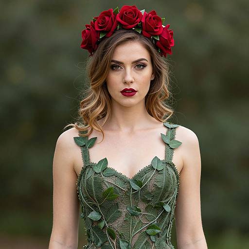 Photograph of a fair-skinned woman with wavy brown hair, wearing a green lace dress with leaf patterns, and a red rose flower crown,