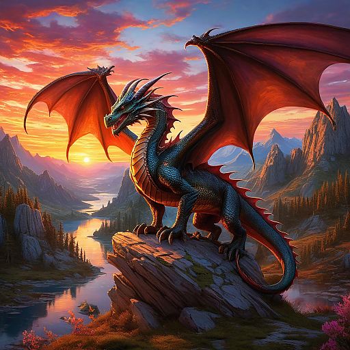 Realistic Fantasy Dragon at Sunset Realistic Fantasy Dragon at Sunset