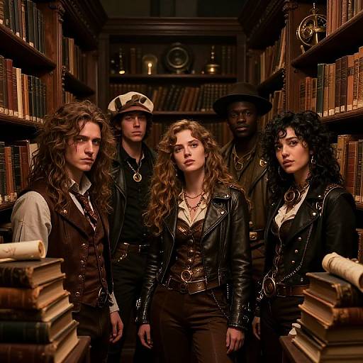 Photograph-style CGI: Five edgy, curly-haired individuals in black leather jackets and vests stand in a dimly lit, wood-paneled library,