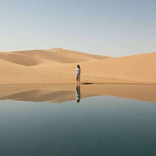Photograph of a solitary figure with dark hair standing in a desert oasis, reflected in a still, mirror-like water pool, surrounded by golden sand d