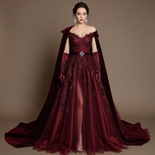Photograph of a fair-skinned woman with dark hair, wearing an off-shoulder, deep burgundy, lace-embellished ball gown