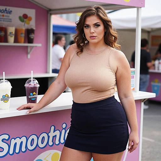 Photograph of a curvy woman with wavy brown hair, wearing a beige ribbed tank top and black mini skirt, standing at a colorful 