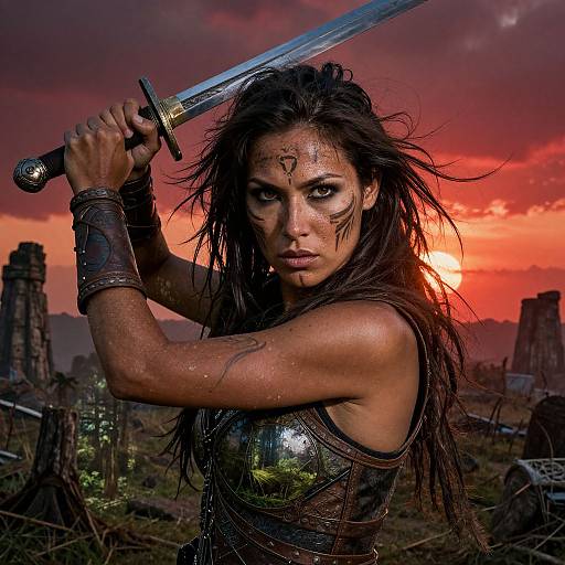Photograph-style CGI: Warrior woman with dark, wet hair, holding sword, in metallic armor, against a red sunset and ruined cityscape background.
