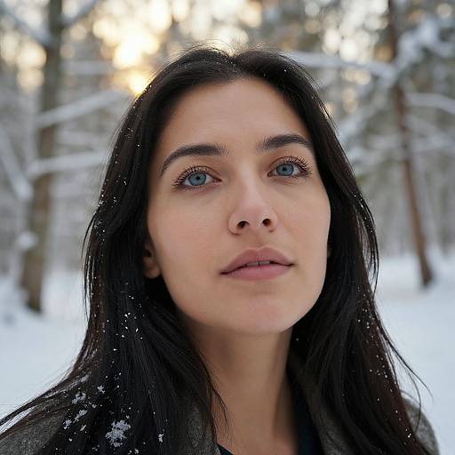 Photograph of a young woman with long black hair, blue eyes, and fair skin, standing in a snowy forest, looking directly at the camera.