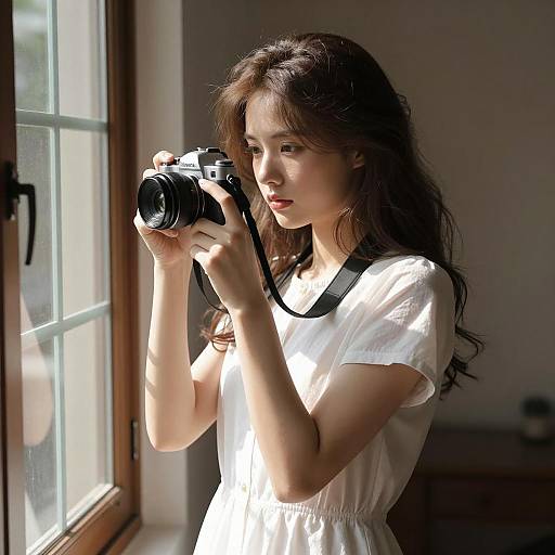 Young Woman Using Camera by Window